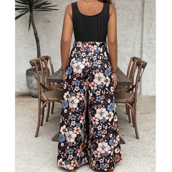 Plus Floral Print Wide Leg Belted Tank Jumpsuit - Picture 3 of 5